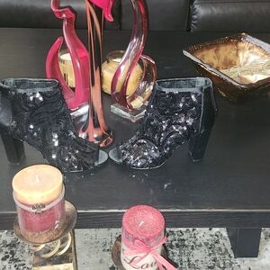 Elegant Black Sequin Peep Toe Booties